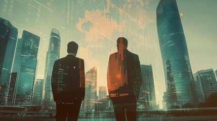 Poster - Businessmen Contemplating Financial Data Amidst Modern City Skyscrapers
