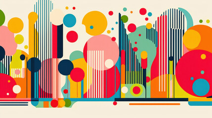 Poster - Vibrant abstract illustration featu colorful geometric shapes and lines, creating a playful goldfish-inspired design with ample copy space in the middle area.
