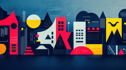 Poster - abstract urban ecology illustration showcasing vibrant geometric buildings with ample copy space inv