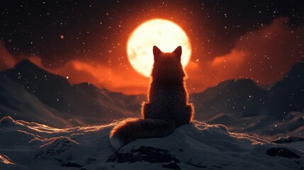 Naklejka na meble SereneSilhouetteMysticalMoonlightWatcherWildernessBeastContemplationNightlyGlowStargazerSolitaryCreatureMountainsSceneryLuminousSphereReflectiveTranquility