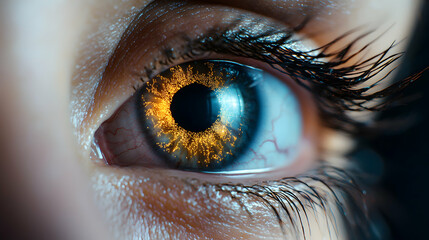 Poster - A futuristic eye glows with a digital pattern suggesting enhanced vision. Use it for sci-fi designs tech visualizations or game interfaces.
