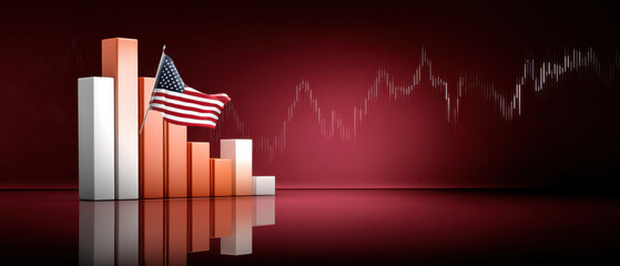 Poster - American flag stands before bar graph symbolizing economy growth and financial data with red background and reflection effect