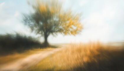 Poster - Abstract Blurred Golden Tree Beside a Winding Path with Sunny Sky and Rural Meadow Under Motion Blur Effect
