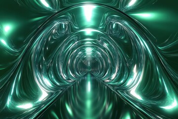 Fototapete - Abstract Futuristic Green Tunnel with Metallic Curves Perspective and Shiny Surface for Modern Art and Technology Rendering