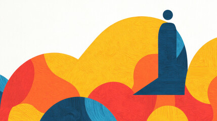 Poster - silhouette art illustration features a lone figure standing atop abstract shapes against a neutral b