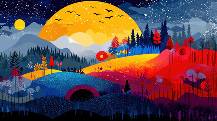 Wall Mural - an illustration of a serene forest clea beneath a starry sky with vibrant colors, providing tranquil