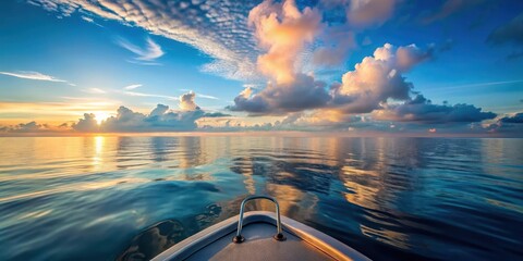 Wall Mural - serene sunrise voyage a boat's perspective of tranquil ocean waters and colorful cloudscape at dawn