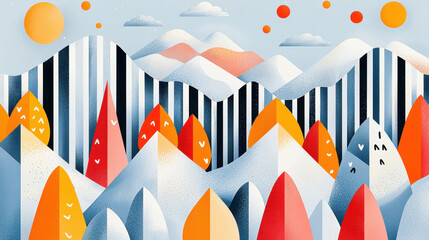 Wall Mural - an adorable pet stories illustration showcases colorful autumn trees and snowy mountains with copy s