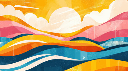 Poster - nature's shadow play illustration casts soft light on abstract rolling hills beneath a partially obs