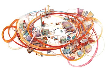 Poster - Abstract illustration of a city with swirling orange and red lines, depicting a dynamic and energetic urban scene. Buildings and structures are depicted in a colorful, playful style against a white