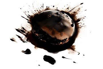 Poster - Abstract image of a dark brown and black splattered blob on a white background. The central blob is round with darker edges, surrounded by smaller splatters radiating outwards. The texture is rough