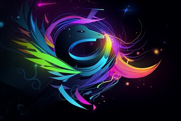 Leinwandbilder - Abstract vibrant digital art featuring a stylized phoenix like creature, rendered in a pixelated style with a swirling, multicolored design against a dark background. The artwork showcases dynamic