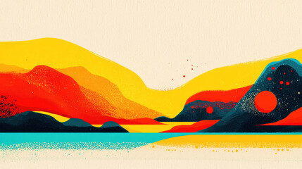 Wall Mural - vivid abstract illustration of natural exploration, showcasing colorful mountains and water with amp