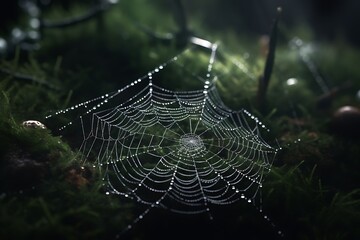 Poster - Close up view of a spiderweb glistening with morning dew, draped across a bed of lush green moss in a dimly lit forest. The intricate web details are emphasized by the shallow depth of field, with