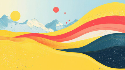 Poster - an illustration featu majestic waves of color against a mountainous backdrop, providing ample copy s