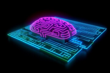 Poster - Neon pink and blue brain circuit board digital artwork. Abstract glowing brain on a circuit board. Futuristic technology concept. Digital illustration