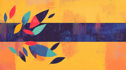 Poster - Feather illustrations cascade around a deep blue bar, offe copy space in the middle of this abstract art with yellow and orange tones and exquisite detail.