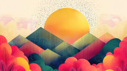 Wall Mural - a vibrant sunrise illuminates a range of geometric mountains and feathered trees, creating an illust