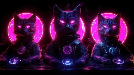 Poster - Three neon feline spirits, glowing with mystical energy in a digital realm, rendered with striking contrasts and mesmerizing cyberpunk aesthetics