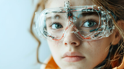 Poster - a young woman with technological eyewear. it could be used in futuristic films or gaming. the image 