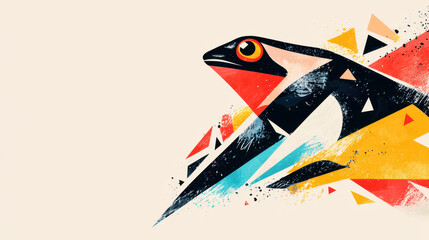 Poster - An abstract illustration of a vibrant poison dart frog with colorful geometric shapes and copy space providing a striking composition in a zero degree angle shot.