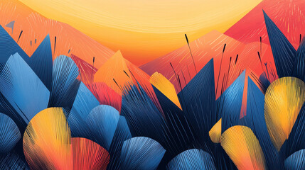 Poster - colorful nature illustration showcasing abstract plumage of vibrant feathers against a warm sunset b