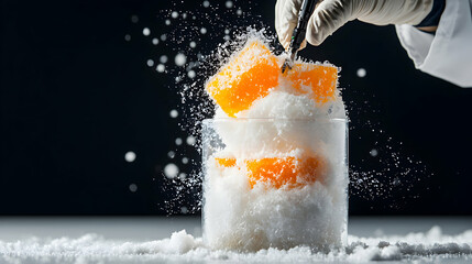 Poster - a scientific experiment. orange gel cubes in a glass with a white powder substance. a scientist is c