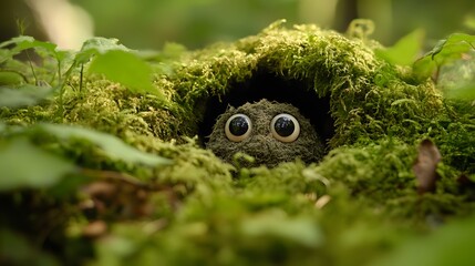 90. little, bubbly creature with big eyes and a round body, hiding in a soft patch of moss