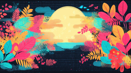 Poster - A vibrant animal textile illustration featu colorful floral designs under a bright sun, creating a beautiful and inviting copy space in a whical zero setting.