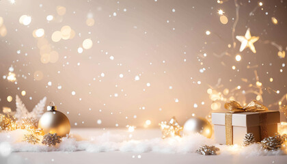 Wall Mural - Christmas festive bokeh background with lights, golden ornaments, a gift box and some snow. Copy space in the middle.
