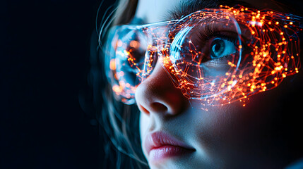 Poster - A person wearing futuristic glasses with glowing lights. It suggests AI or virtual reality use. Good for tech articles or science fiction visuals.