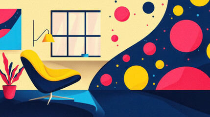 Poster - modern illustration featu a comfortable chair near a window with colorful geometric patterns creatin
