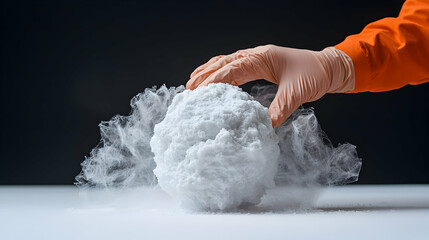 Poster - a person wearing gloves touches a cloud-like substance. possibly a science experiment or a visual re