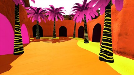 Vibrant courtyard with stylized palm trees and arches