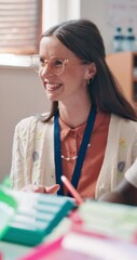 Poster - Smile, teaching and woman in classroom, education and conversation with advice, development and kids. Creativity, educator or employee in school, discussion and learning with academic growth or laugh