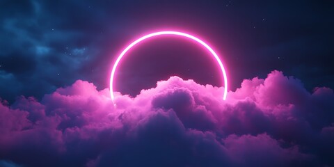 Wall Mural - pink neon circle in night clouds