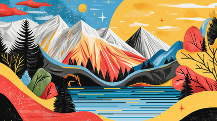 Wall Mural - artistic wildlife illustration showcases a serene mountain range under a colorful sky with stars and