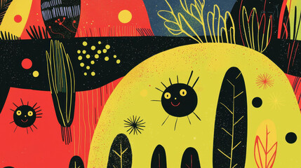 Poster - artistic animal outlines and playful plant illustrations create a whical scene with copy space, invi