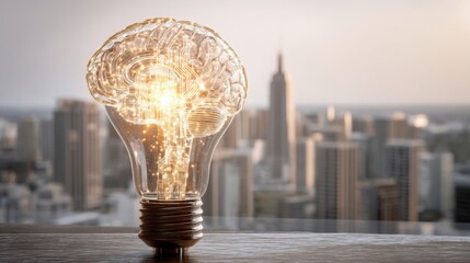 Poster - Illuminating light bulb with cityscape background symbolizing bright ideas and artificial intelligence in urban settings