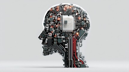 Poster - Head constructed from electronic components symbolizing the concept of artificial intelligence and modern design thinking
