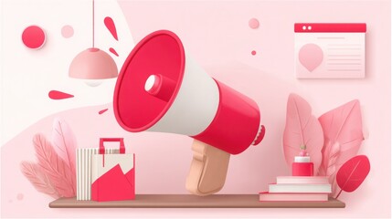 Poster - Pink and white desk featuring a red and white megaphone representing the role of chief storyteller in communication