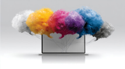 Colorful cloud above digital screen vibrant data visualization concept with rainbow hues floating over black display abstract technology art representing cloud computing and digital innovation