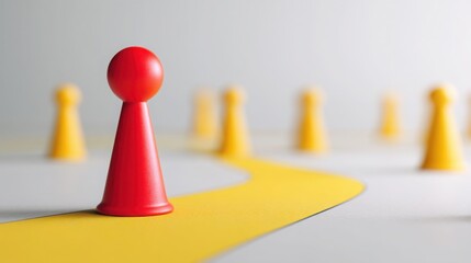 Poster - A striking red pawn piece positioned on a bright yellow path symbolizing a focused journey towards deliberate wealth