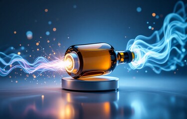 Poster - Amber glass bottle levitates on a metallic disc, energized by vibrant, swirling plasma energy.  A futuristic, potent elixir concept.