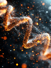 Poster - A dynamic rendering of DNA's helix structure illuminated with glowing particles. It visually communicates biological science concepts or serves artistic applications.