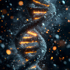 Poster - A futuristic glowing DNA helix with a dark background symbolizing the mysteries of life and genetics. Use it for science presentations or website backgrounds.