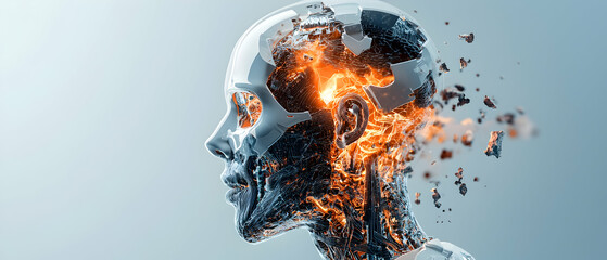 Poster - A futuristic digital head is depicted with a shattered glass-like skull. The glowing internal structures suggest technological advancement or a creative representation of the mind suggesting mental he
