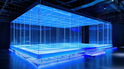 Poster - Futuristic Glass Structure with Blue Lighting in Modern Interior Space