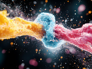 Poster - abstract molecular interaction. vivid colors emphasize the dynamic structure. suggests research or s