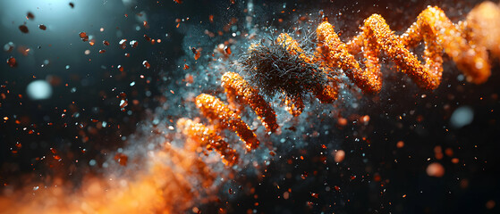 Poster - Abstract image showcasing a DNA helix breaking down surrounded by particles representing destruction. Perfect for science or medical related presentations.